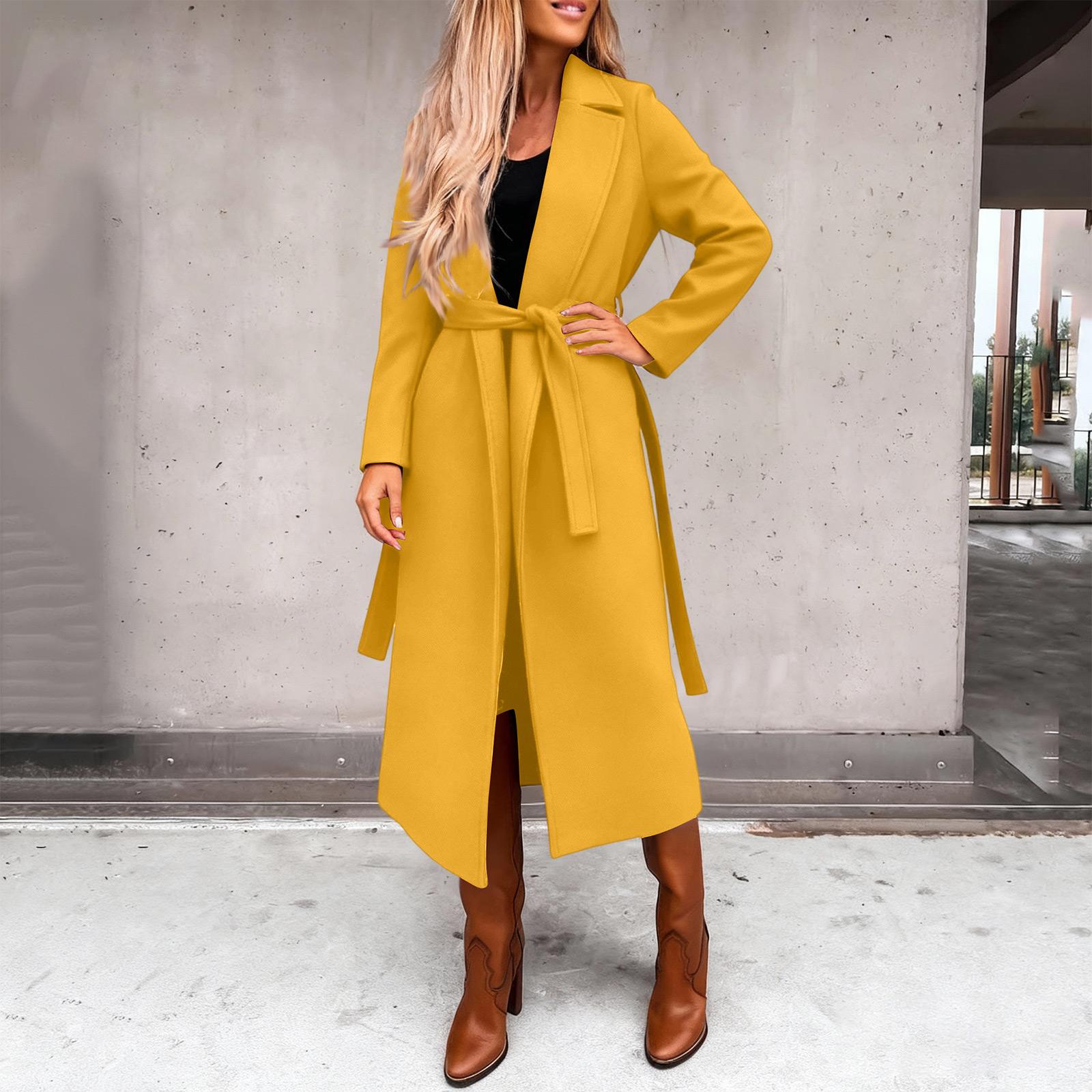 

Женское повседневное модное однотонное пальто с длинными рукавами, V-образным вырезом и завязкой, длинное шерстяное пальто XL жёлтый
