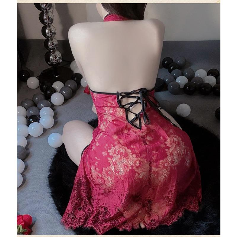 Ladies' Sexy Lingerie Sexy Lace Perspective Hollow Out No Take Off Cheongsam Uniform Seductive Midnight Bed Hot Passion Set