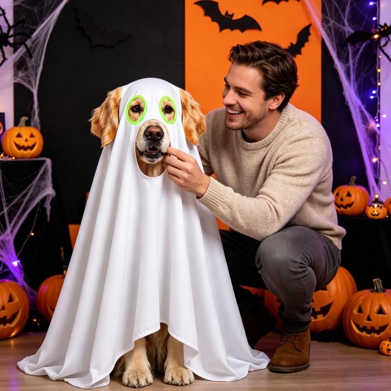 Party Photo Dog Costume for Halloween, Soft Fabric Pet Outfit for Dogs with White Draped Styling, Face Opening, and Holiday Gathering Appeal
