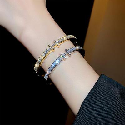 Elegant Zircon Letter Buckle Bracelet: Shiny, Minimalist, Luxury Bangle for a Versatile and Sophisticated Style
