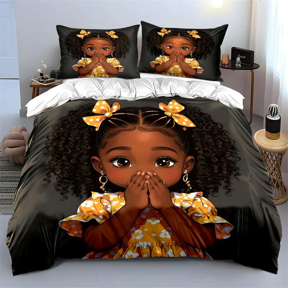 Praying Curly Hair Black Girl Duvet Cover SetYellow Polka Dot Dress Faith Bedding Includes 1 Duvet Cover And 2 PillowcaseGift