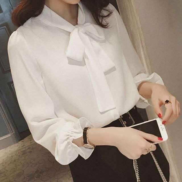 Chiffon Long Sleeve Bow Tie Lace-Up Top