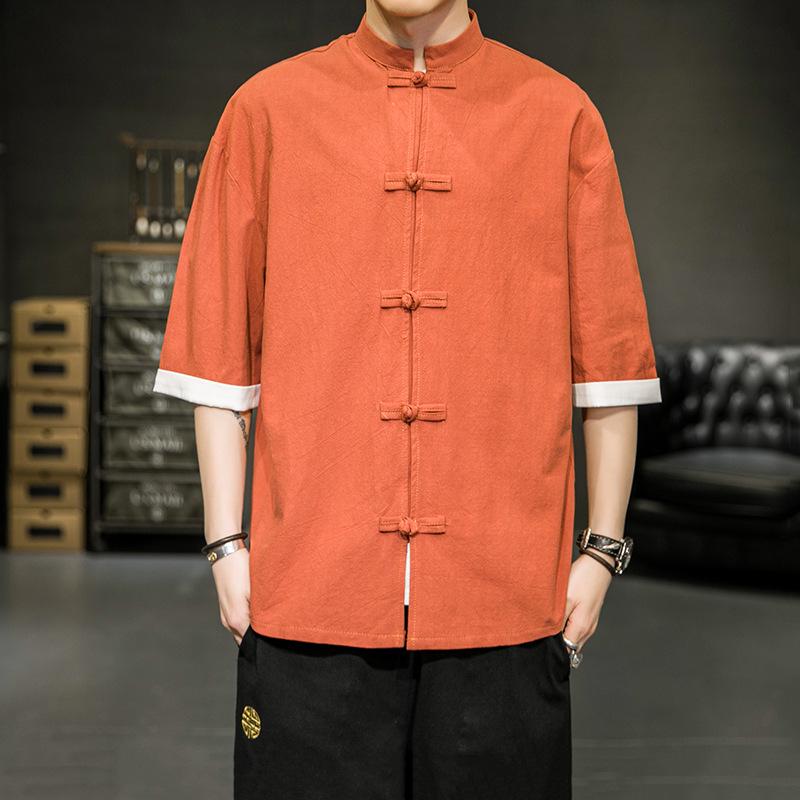 Men’s Summer Ice Silk Chinese Buttoned Short-Sleeve Tang Suit Shirt, Cotton-Linen Hanfu Zhongshan Retro Style