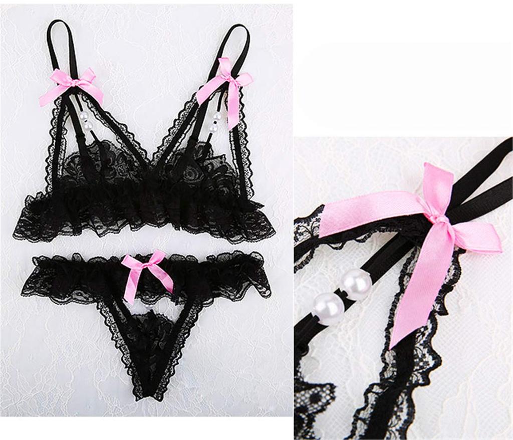 Sexy Bra and Shorts Lace Bra and Underwear for Set [ONE LADY] See-through T-back Set, Shorts, Women, See-through Lingerie, 2-Piece (Black (Pearl),