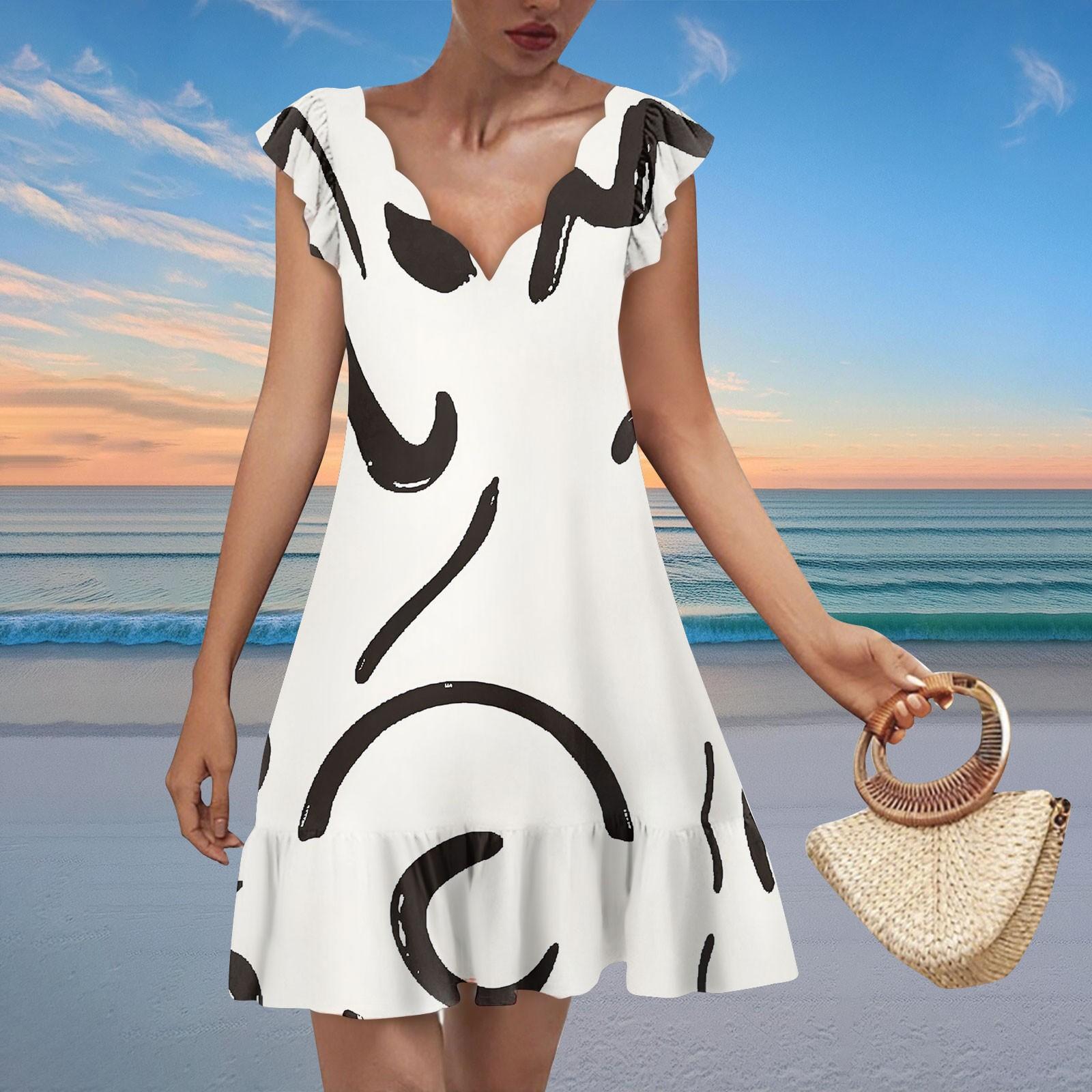 

Women s Fashion Casual V Neck Wavy Edge Print Short Sleeve Dress M білий