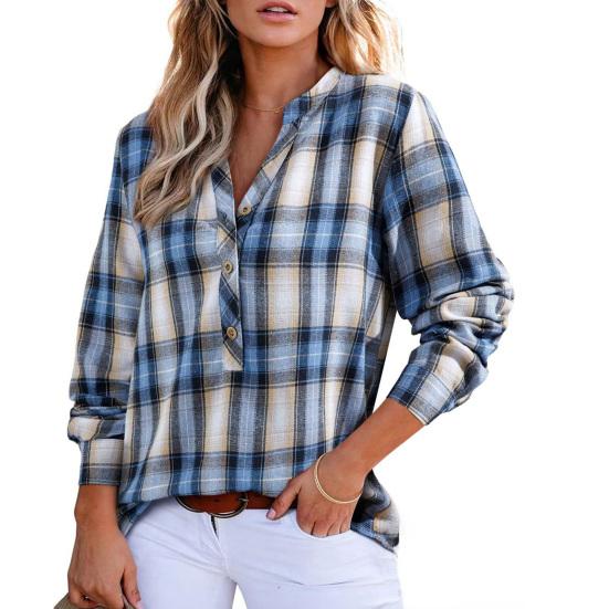 Damska Koszula Dekolt V Guziki Półplisa Długi Rękaw Pulower Wzór Kratka Casual Regularny Krój Koszula Biurowa