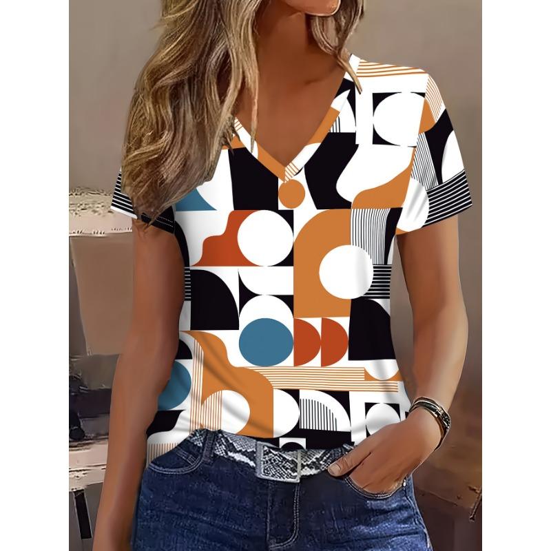 2025 New Summer Women's Black and White Plaid Print T-shirt V-neck Short Sleeve Casual Daily Basic Tops Women's Summer Pullover
