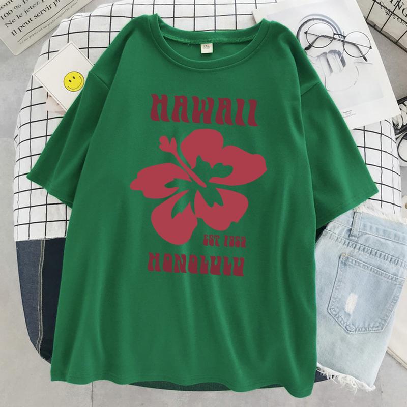 Hawaii Est 1959 Honolulu Print T-Shirt Damen Sommer Rundhals T-Shirts Baumwolle Atmungsaktiv Kurzarm Sport Lässig T-Shirt