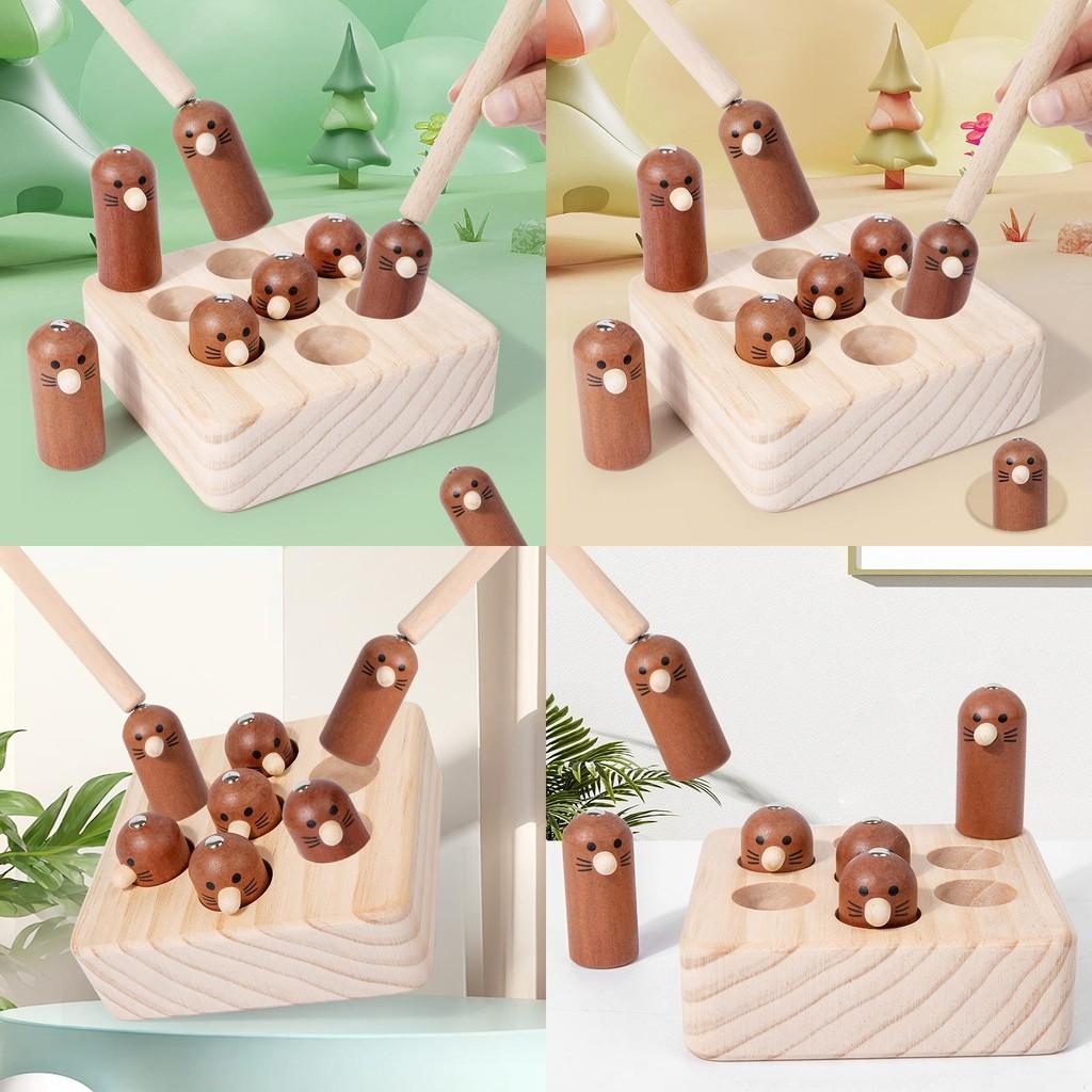 Wooden Magnetic Catch Mouse Kids Interactive Fishing Game Focus Training Educational Toy