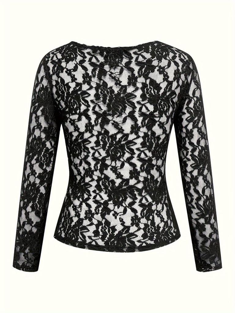 Cross-Border Women's European/American Lace Top - Sexy, Solid Color, See-Through Mesh, Long-Sleeved for Hot Girls.