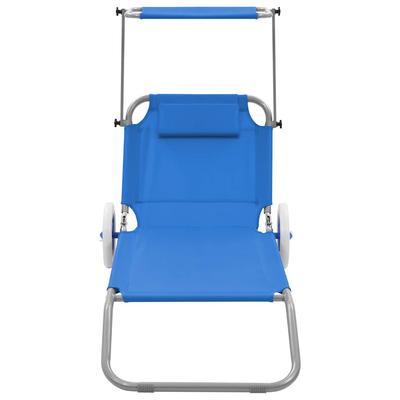 Folding Sun Lounger with Sunshade and Wheels Steel Blue