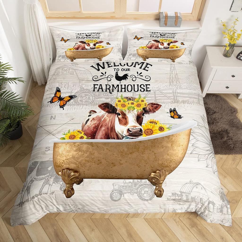 Kuh Bettbezug Set Twin King Size Bauernhoftier Bettwäsche Set Grüner Rankenblätter Druck Bettdeckenbezug Rustikale Holzbrett Steppdecke