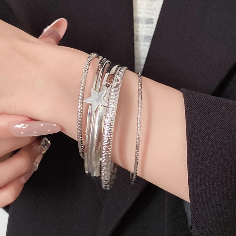 6Pcs/7Pcs Metal Star Pentagram Wide Open Bangle Set Gold Silver Exaggerated Bracelet Girls