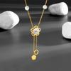Korean Style Pearl Pendant Necklace with Camellia Shell Inlay - Simple Titanium Steel, Light Luxury Design