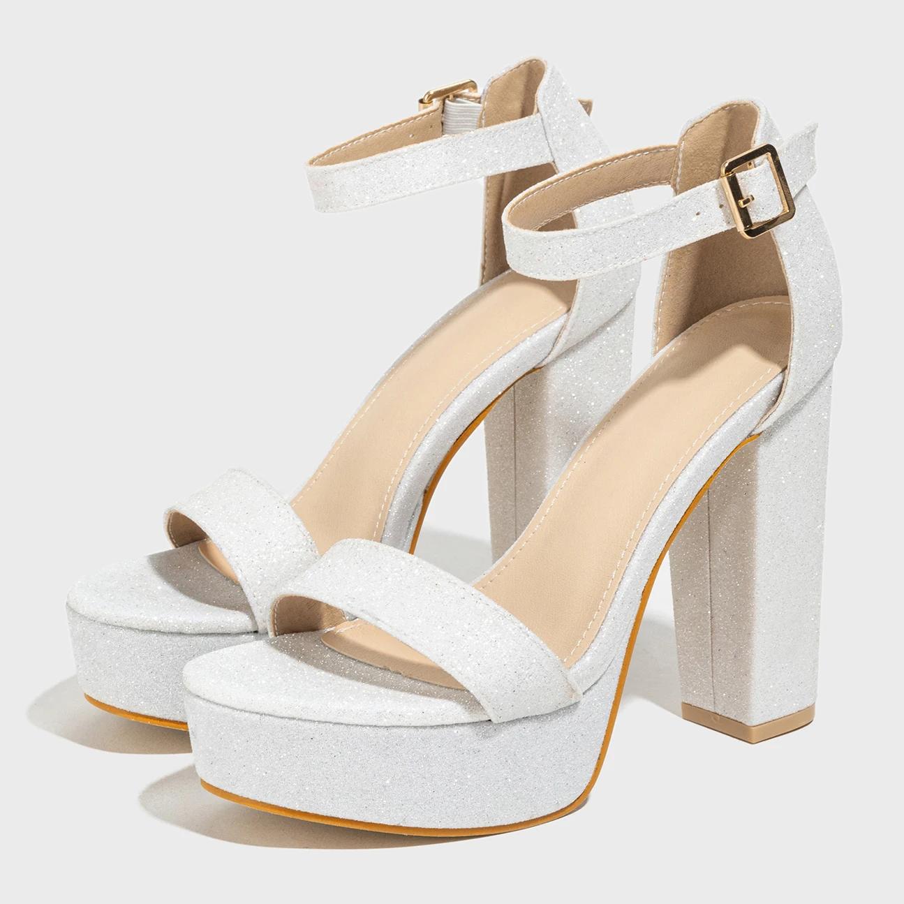 

Eilyken Summer Fashion Sequin Cloth Open Toe Women Sandals Elegant Chunky Platform Buckle Strap Square Heels Party Shoes 43 белый