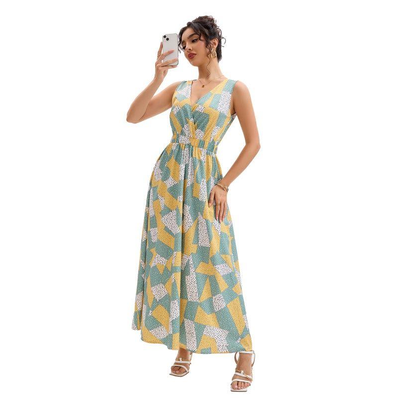 Summer Fashion Print Sleeveless V-neck Women Dress Swing Dress