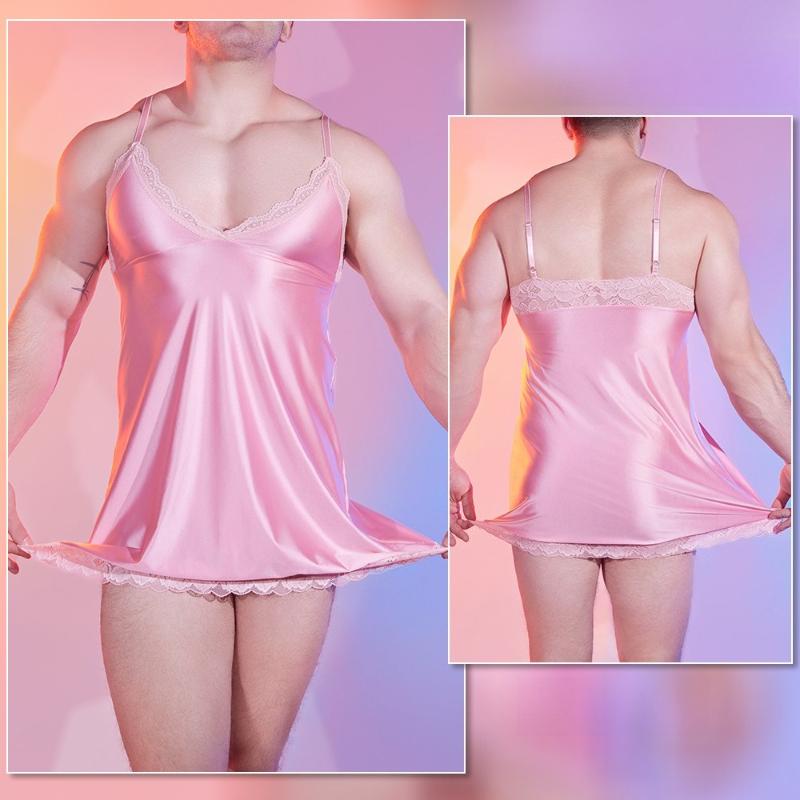 Men'S Sexy Dress Lace Adjustable Smooth Satin Silk Low Chest Suspender Nightdress Crossdressing Sissy Lingerie Mini Dresses