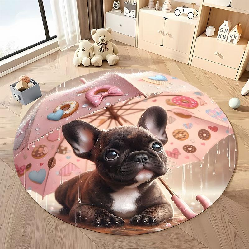 Free shipping French Bulldog Under Umbrella Illustration Rug for Kids Room round carpet for home sofa bedroom,gift Diameter -60cm