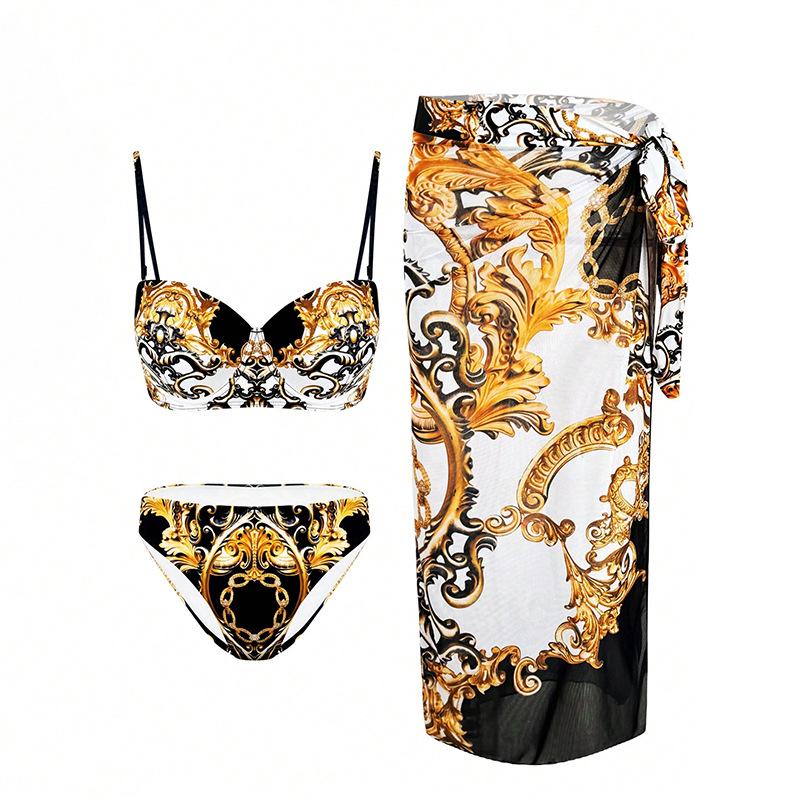 

2024 Ретро Принт Купальник Бикини на Завязках Солнцезащитная Пляжная Одежда - Европейский и Американский Набор из Трех Предметов Small