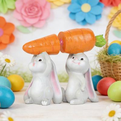 2Pcs Holding Carrot Rabbit Carrying Radish Resin Sculpture Easter Bunny Statue Figurine Hand-Painted Holiday Party Decoration