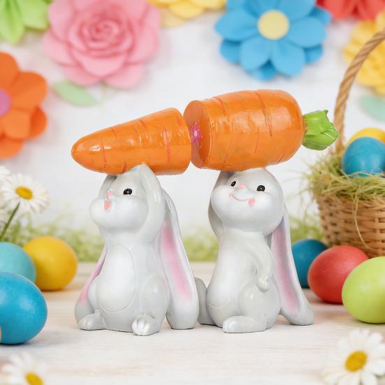 2Pcs Holding Carrot Rabbit Carrying Radish Resin Sculpture Easter Bunny Statue Figurine Hand-Painted Holiday Party Decoration