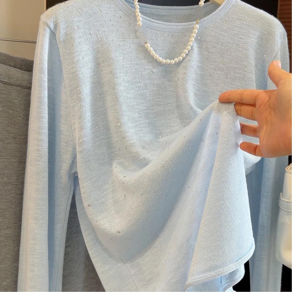 Blue Long Sleeved T-shirt Women's Ice Silk Knitted Thin Loose Top