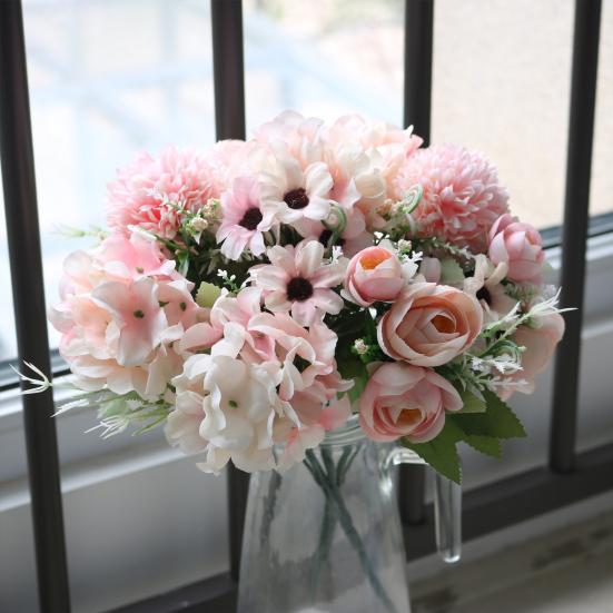 Artificial Flowers Bunch Realistic Faux Silk Flowers Long-Lasting Hydrangea Rose Fake Flowers