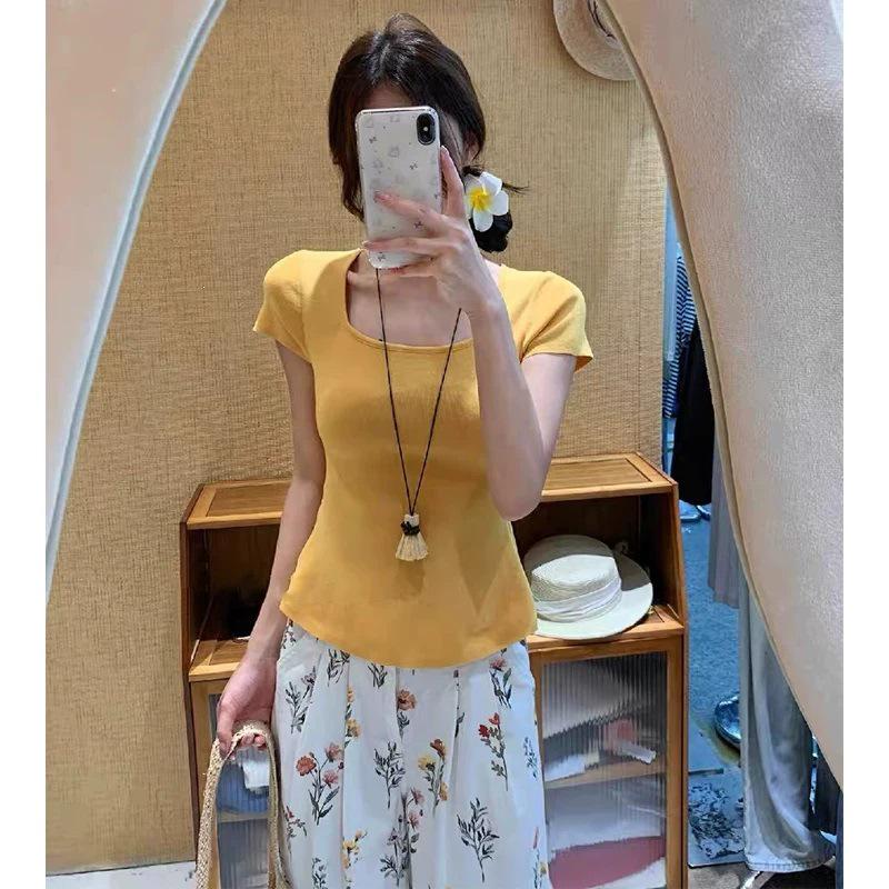 Luxury Women's Ice Silk Knit T-shirt: Stylish, Waist-Cinching, Square Neck, Short Sleeve, Back Tie