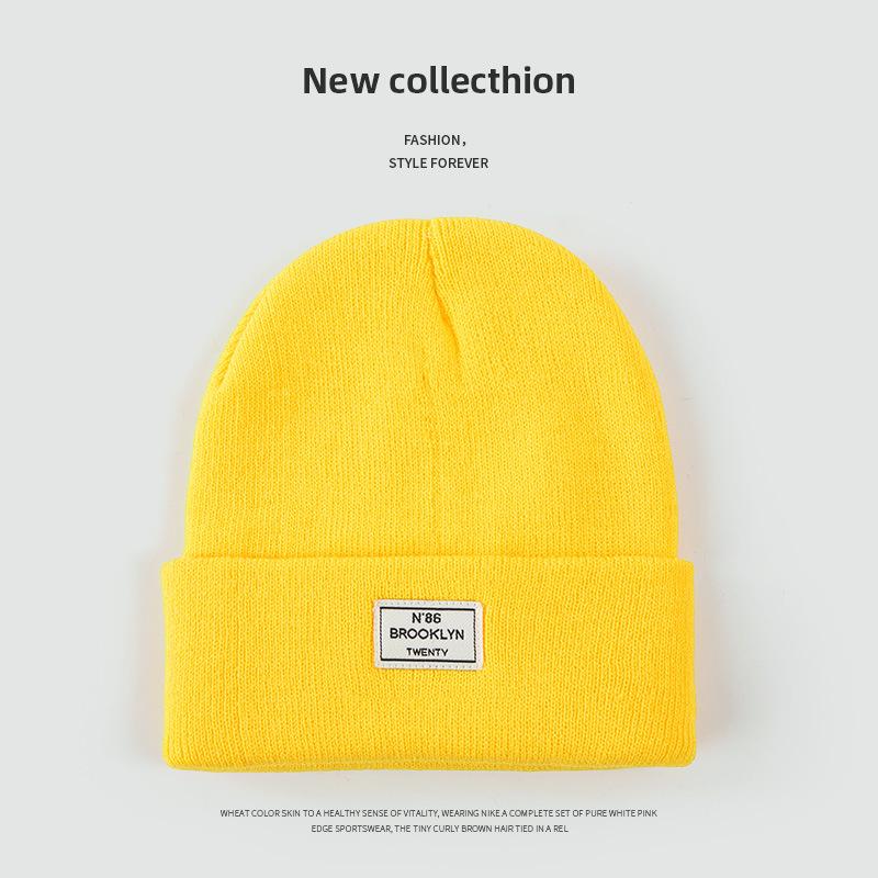Autumn and Winter Knitted Hat Niche Personality Fashion Melon Rind Wool Hat Warm Protection Amount Simple Letter Cloth Label Cold Hat