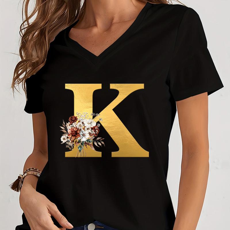 Vintage Flower Alphabet Graphic T Shirts Women Alphabet Rose Gold Essential Women Clothing Gift for Alphabet Floral Lover Tshirt