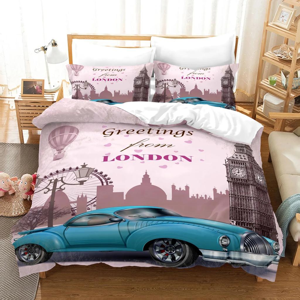 Cars Duvet Cover Traditional Old Car Race Nostalgic American Car Bedding Set Classic Cars Polyester Quilt Cover for Boys Teens