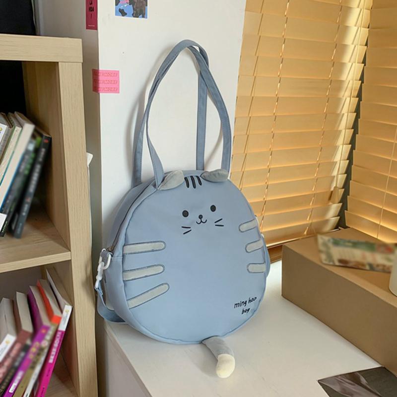 2025 New Leisure Fashion Embroidered Large Capacity Shoulder Bag Cute Cartoon Cat Commuter Canvas Small Round Bag