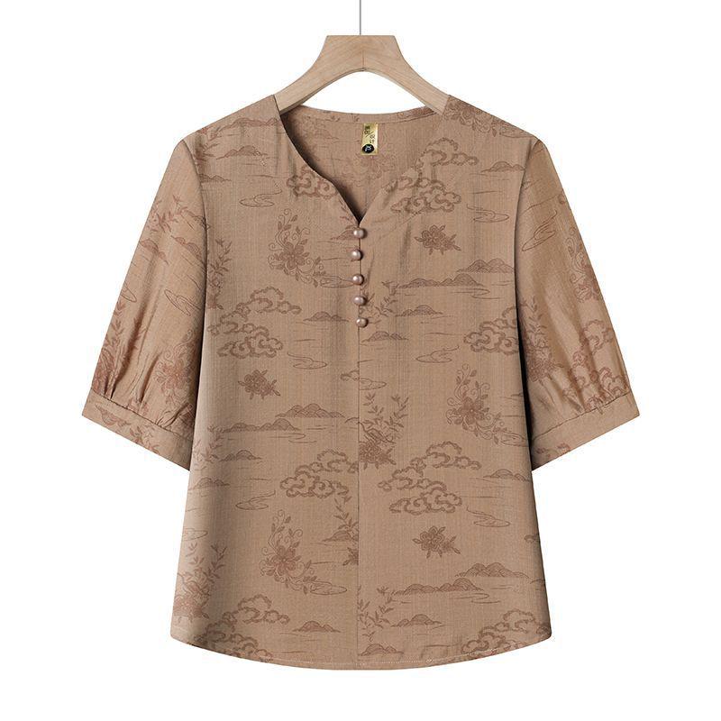 Ethnic Style Cotton Linen Two-Piece Set for Elderly Women - T-Shirt & Pants Summer Outfit