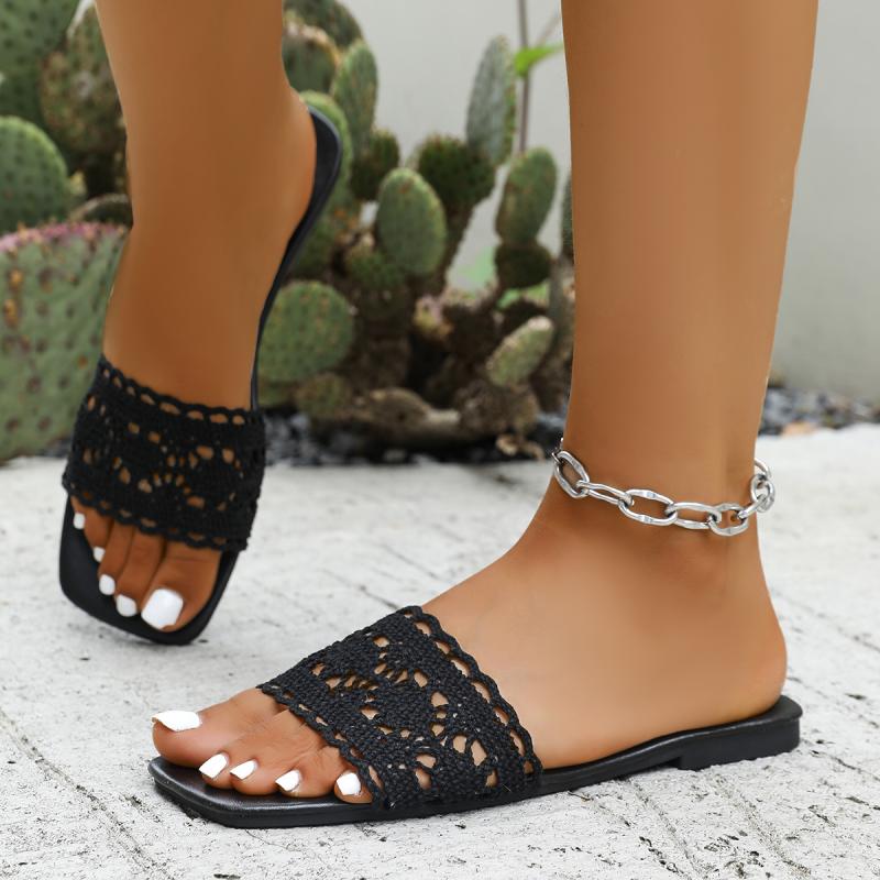 Sexy Knitted Lace Strap Breathable Slides Square Toe Flat Heel Slip On Sandals Women Summer Light Weight Beach Slippers