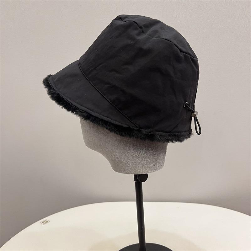 Nylon Waterproof Velvet External Drawstring Front Long Rear Short Basin Hat Women's Winter Literary and Leisure Warm Bucket Hat