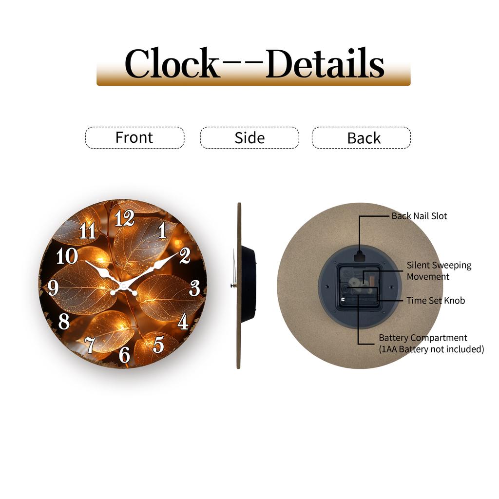 Golden Autumn Leaves Round Wall Clock: Warm Seasonal Decor for Fall-Inspired Interiors and Dining Rooms