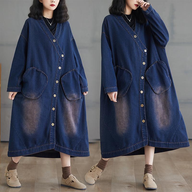 Dimanaf 2024 Autumn Denim Jackets Long Coat Casual Long Sleeve Shirt Women Loose Blue Vintage Lady Vintage Tops Plus Size