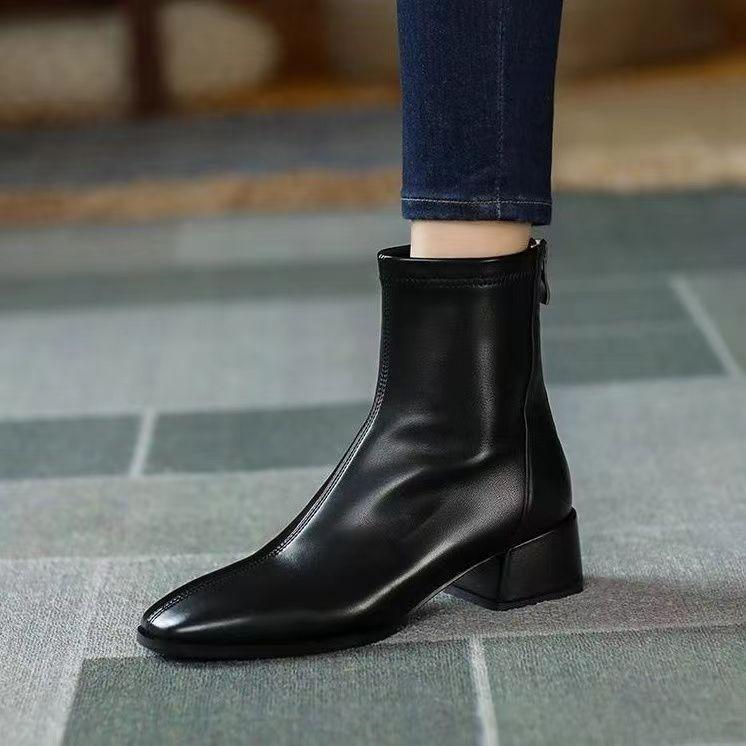 Winter Women's Boots New Square Toe High-heel Short Boot 2024 Autumn Winter Anti Slip Outdoor Fashion Retro Zipper Chelsea Boots
