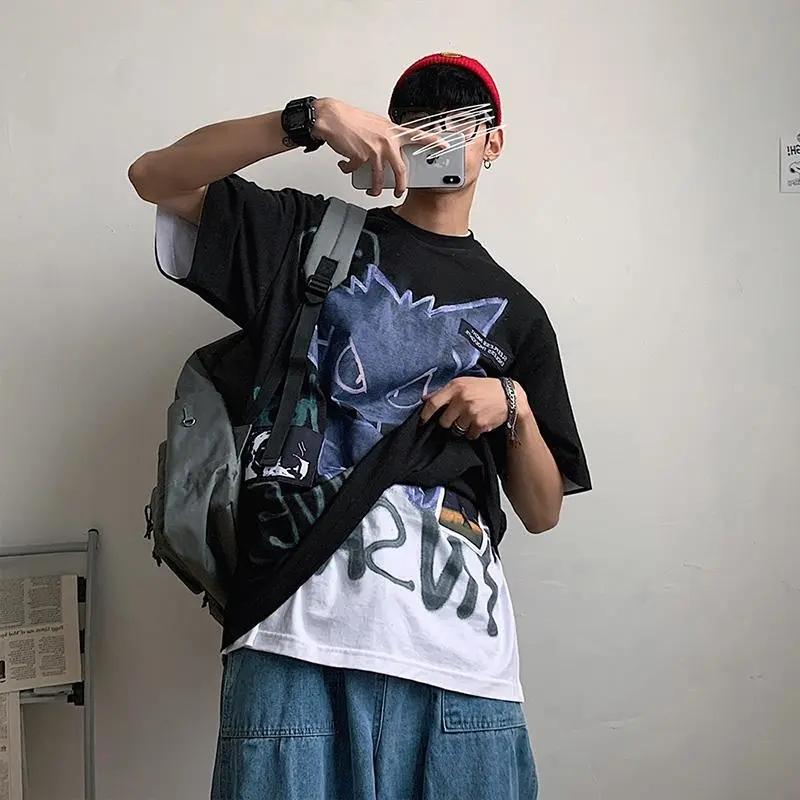 Moda Camisetas grandes Estampa de urso Camiseta masculina Verão Hip Hop Camiseta solta Tops de rua alta Manga curta Roupas de algodão