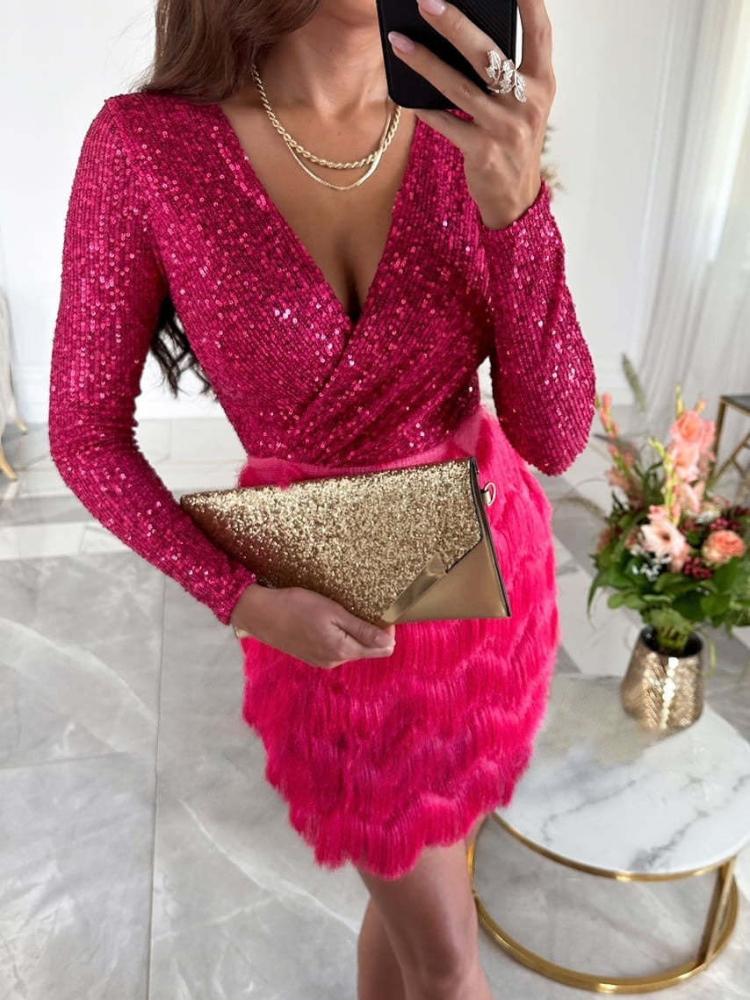 Dámské mini šaty s výstřihem do V, dlouhým rukávem a lemem z flitrů a peří, elegantní společenské bodycon šaty