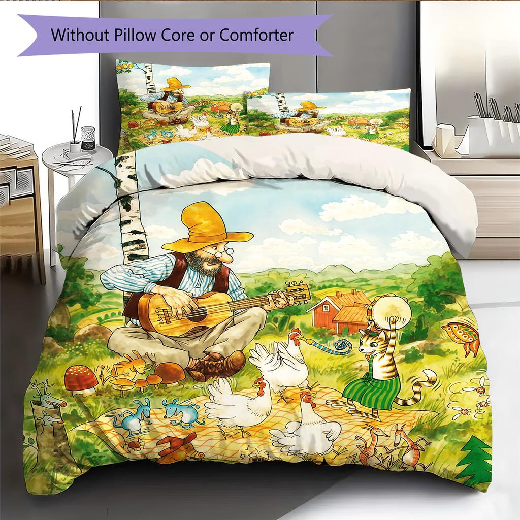 Pettson and Findus2 Pattern Bedding Quilt Set Home Decoration Gift (1 * Duvet Cover + 2 * Pillowcase Without Core)