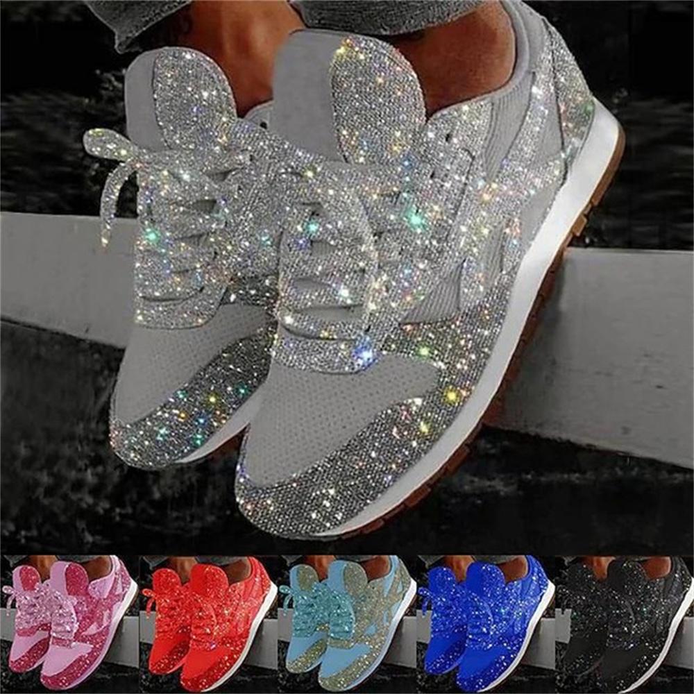 Eleganti Sneakers da Donna in Mesh Glitter Taglie Forti Vulcanizzate con Lacci Scarpe Casual con Plateau per Attività all'Aperto e Sportive