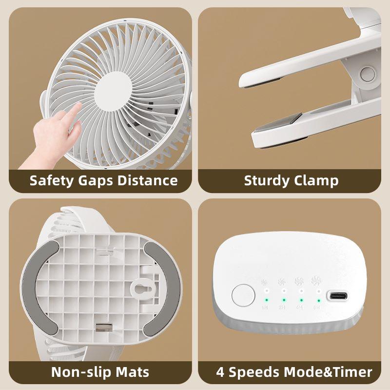 USB Clip on Fan, Portable Small Fan with Cord Powered, 4 Speeds Strong Airflow with Sturdy Clamp, Quiet Personal Desk Fan