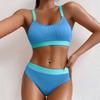 Women Sport High Waist Bikini Set Ribbed Cotton Push Up Swimsuit Female Patchwork Color Block Swimwear