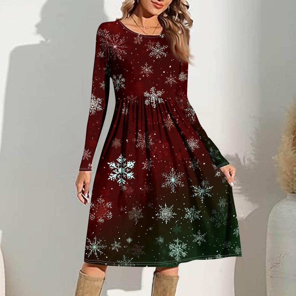 Damen Gradient Bedrucktes Freizeitkleid Frühling Tasche Rundhals Langarm Kleider