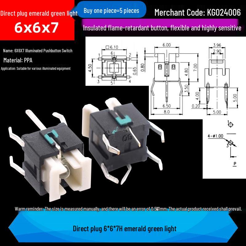 LED Luminous Tactile Switch 6x6x7/7.2mm Through-Hole Reset Button