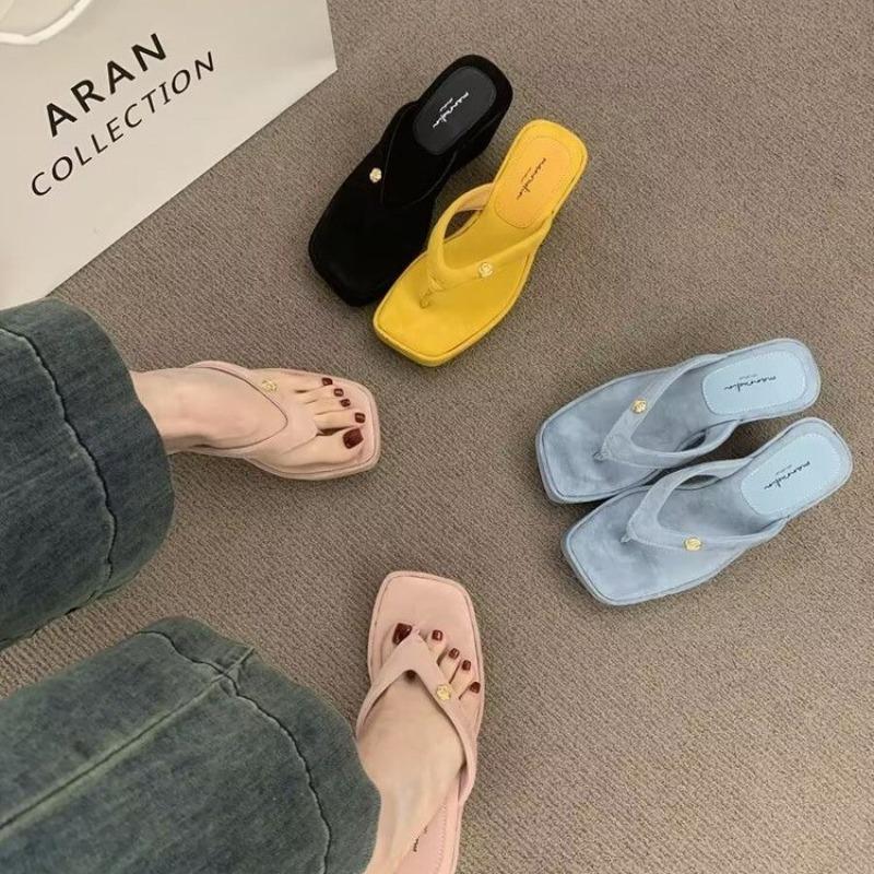 Fashion Fashion Square Clip Toe Platform Sandals Woman Chic Denim Wedge Flip Flops Ladies Summer Street Style Thick High Heel Slippers