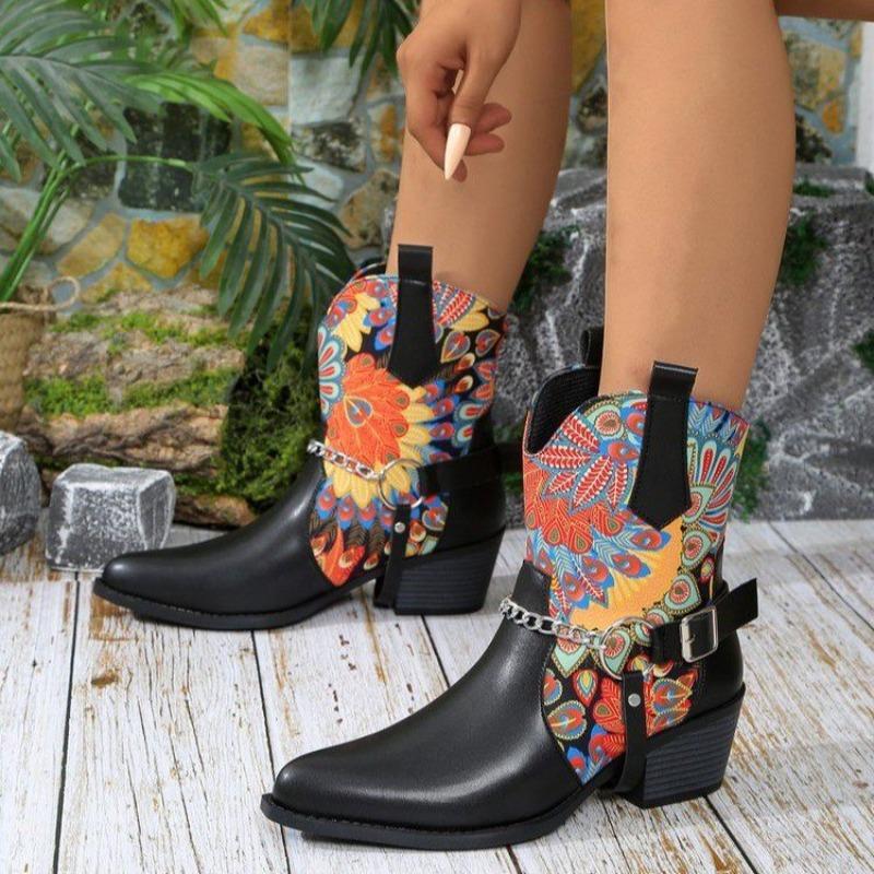 Large size autumn and winter women's boots flower multi-colored metal chain V-mouth western cowboy boots