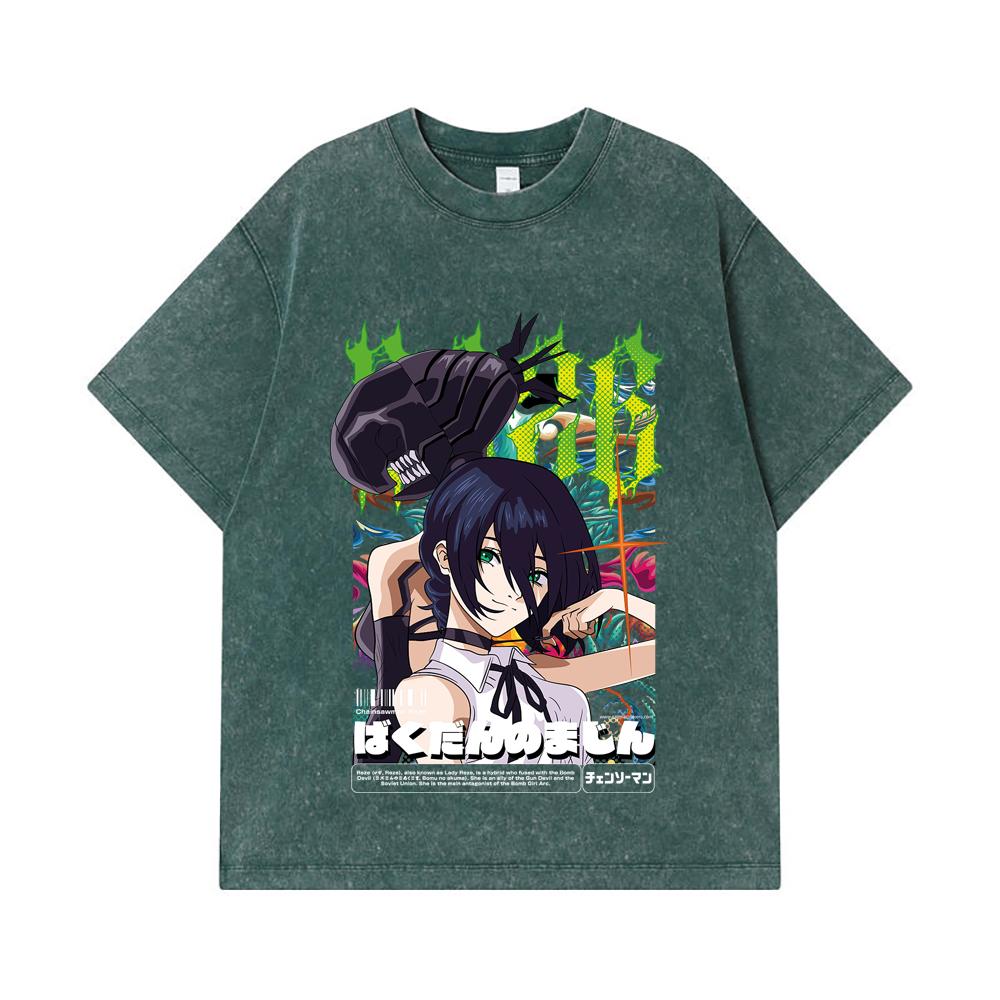 275 GSM Washed T-shirts 100% Cotton Chainsaw Man V54 Reze Print Unisex Heavy Cotton T Shirt