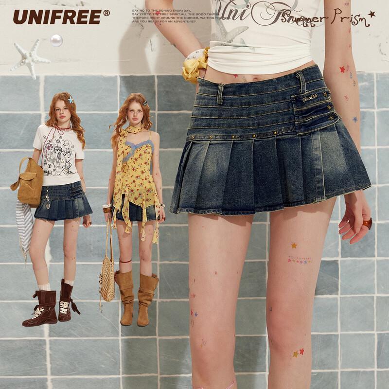 UNIFREE Women s Star Rivet Denim Pleated Mini Skirt L
